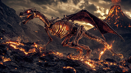 A giant, skeletal dragon with glowing embers in its ribcage flies majestically above an active volcano, creating a breathtaking scene of fiery intensity and mythical power.