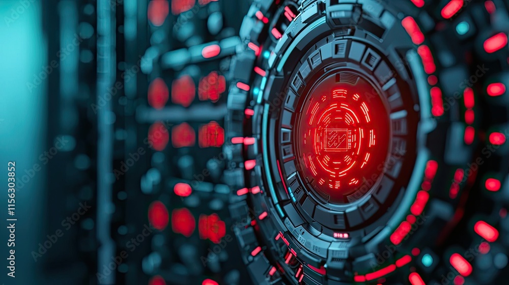 Poster Operation center idea. Futuristic digital interface with glowing red elements and intricate designs.