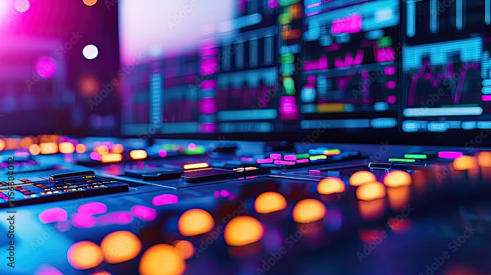 Poster Operation center idea. Close-up of a colorful audio mixing console with vibrant lights and controls.