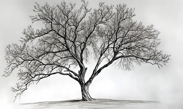 A detailed sketch of a bare tree with intricate branches against a plain background.