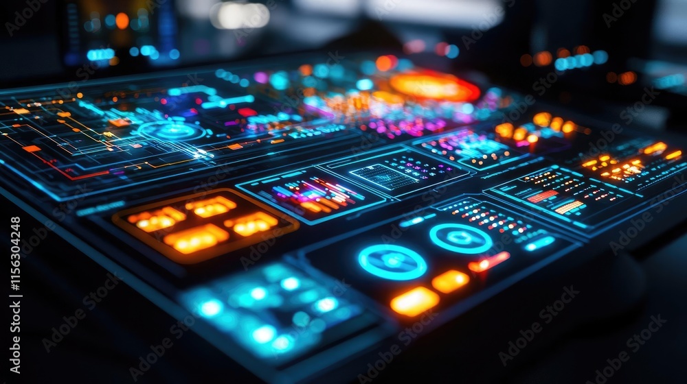 Aufkleber Operation center idea. Futuristic control panel with glowing buttons and intricate digital displays.