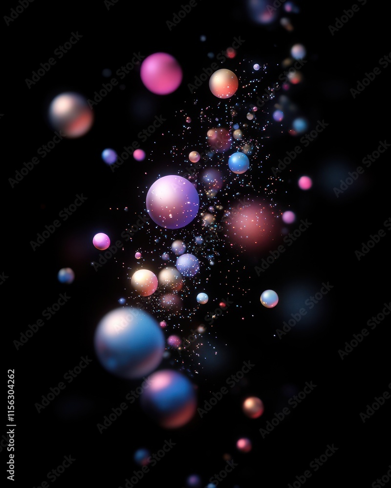 Aufkleber abstract background of colorful glowing spheres and shimmering particles on black - bokeh effect, fe