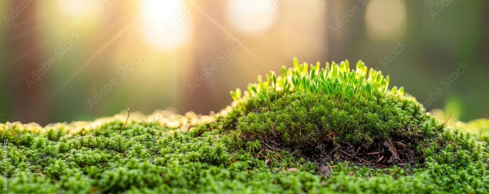 Poster moss forest concept. close-up view of lush green moss illuminated by soft sunlight in a serene fores
