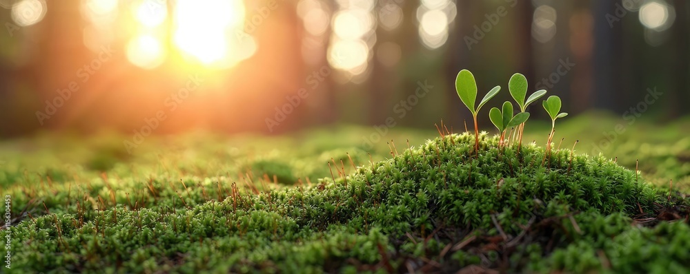 Poster moss forest concept. new saplings emerging from the forest floor, illuminated by soft sunlight.