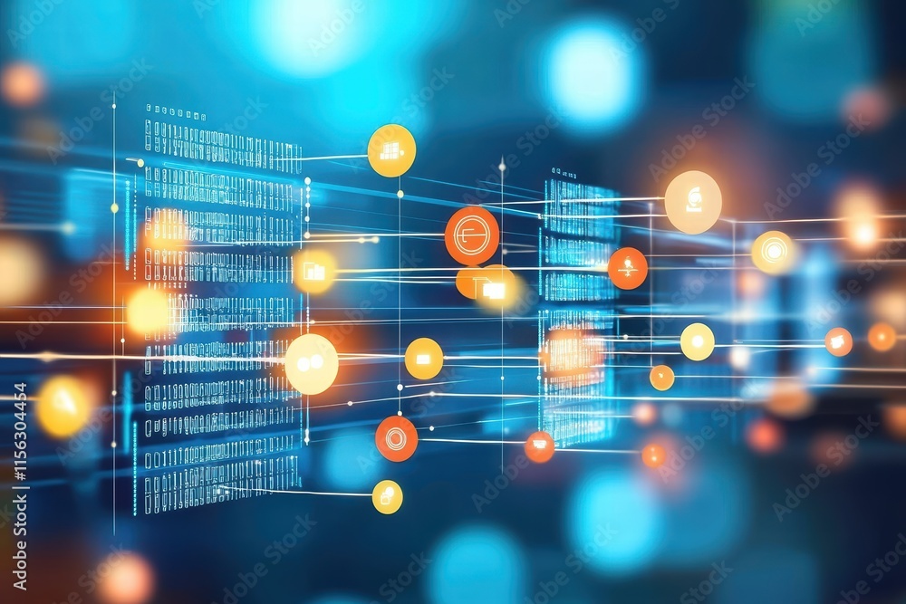 Poster abstract digital network with colorful circles and data flow elements
