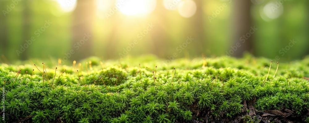 Poster moss forest concept. a serene view of lush green moss illuminated by soft sunlight in a tranquil for