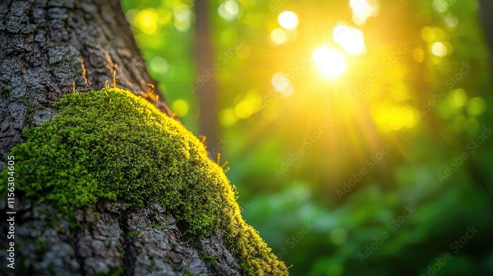 Poster Moss forest concept. Sunlight filters through trees, illuminating lush moss on a tree trunk.