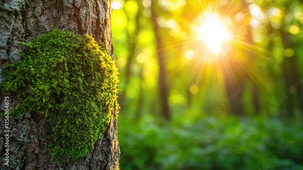 Poster moss forest concept. lush green moss on a tree with sunlight streaming through a vibrant forest.