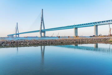suzhou Yangtze River Bridge and the beautiful scenery of the Yangtze River and sunset in Jiangsu Province, China on August 20, 2024
