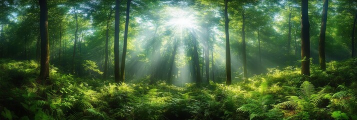 Lush Green Forest with Sunlight Filtering Through Trees, Capturing the Essence of Nature in a Serene and Tranquil Landscape Scene