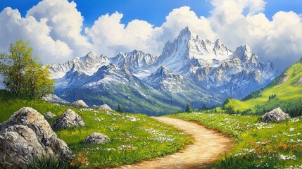 Obraz premium Majestic Mountain Landscape With Winding Path And Flowers