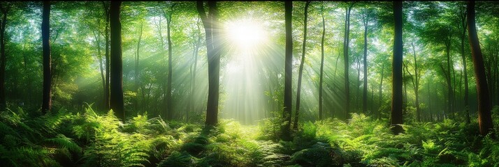 Fototapeta premium Serene Forest Panorama with Sunlight Filtering Through Lush Green Leaves and Ferns in a Tranquil Natural Setting