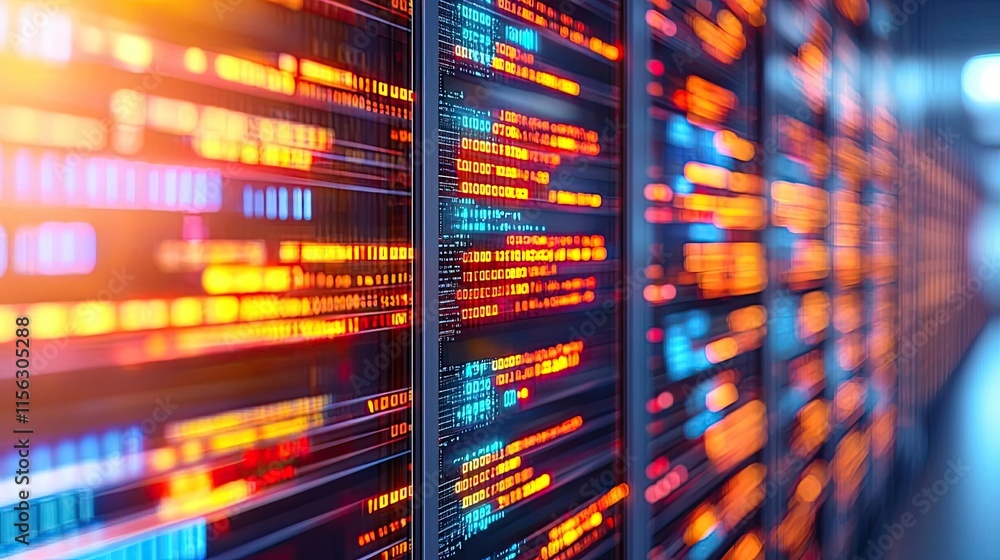 Poster Operation center idea. Close-up view of a digital server with glowing data on display, showcasing technology.