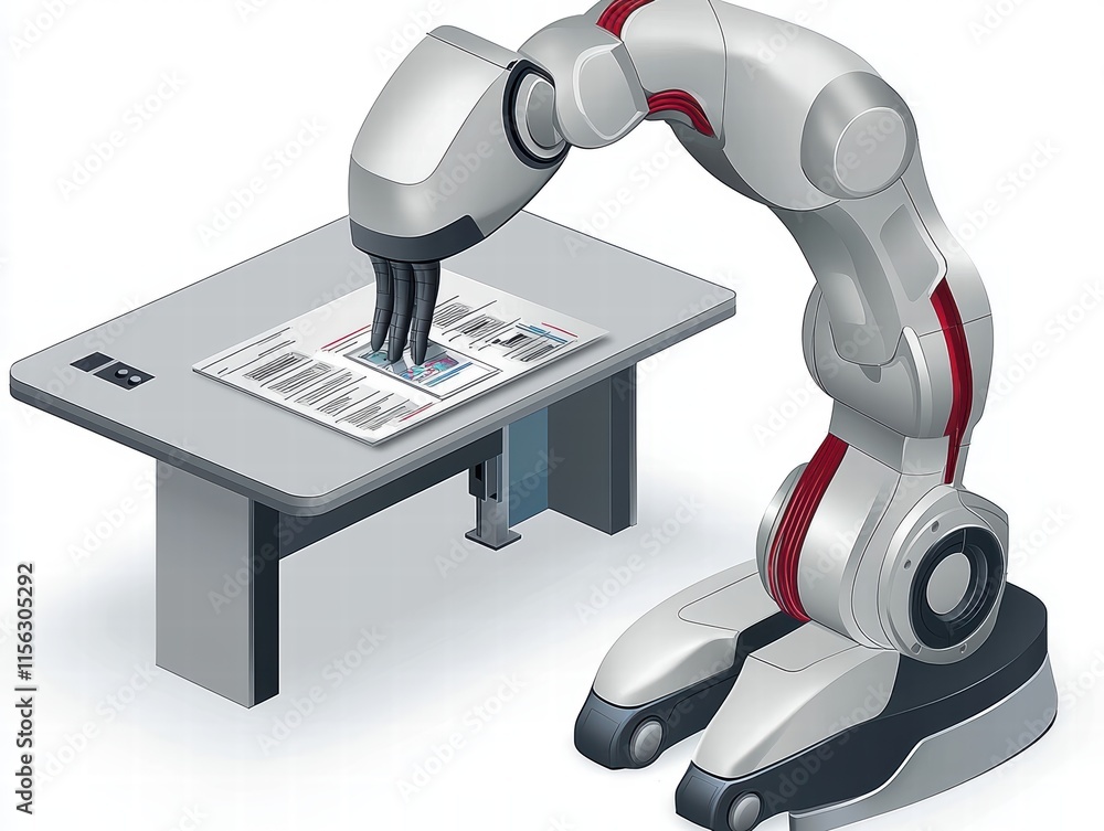 Poster robotic arm performing automated tasks on a workbench surface