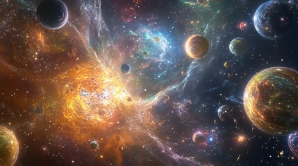 Obraz premium Breathtaking Cosmic Collision Vibrant Nebula, Exploding Planet, and Celestial Bodies in Deep Space