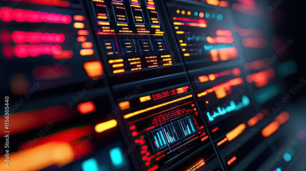 Aufkleber Operation center idea. Close-up of a digital display with glowing data and intricate patterns.