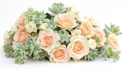 Peach and white roses and succulents bouquet.