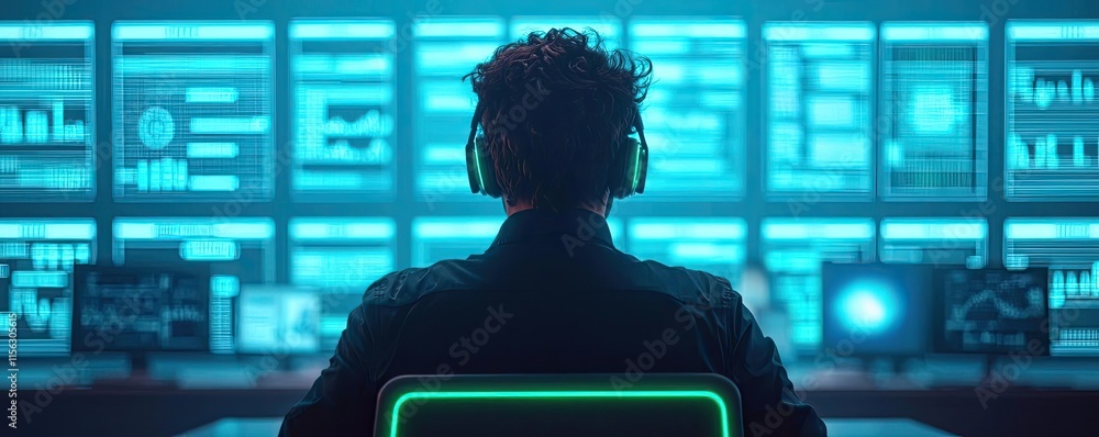 Fototapete Operation center idea. A focused individual engaged in data analysis using multiple screens.