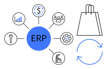 Central ERP hub connecting to financials, people management, analytics, tools, manufacturing, and shopping processes. Ideal for business, workflow, data management supply chain product lifecycle