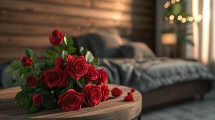 Obraz premium Romance Bouquet of Red Roses Rests on a Round Wooden Table in a Dimly Lit Bedroom Interior