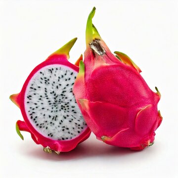Generated image  A High-resolution image of a Dragon frut with a halved section revealing the seeds and flesh