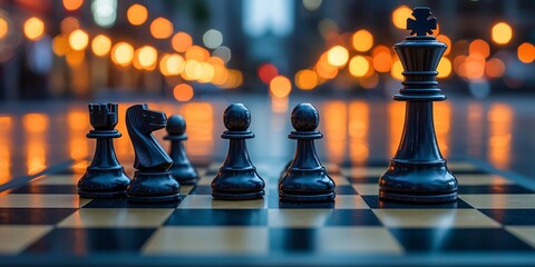 A chessboard with strategic moves highlighted, symbolizing planning and success, on a sleek corporate backdrop.