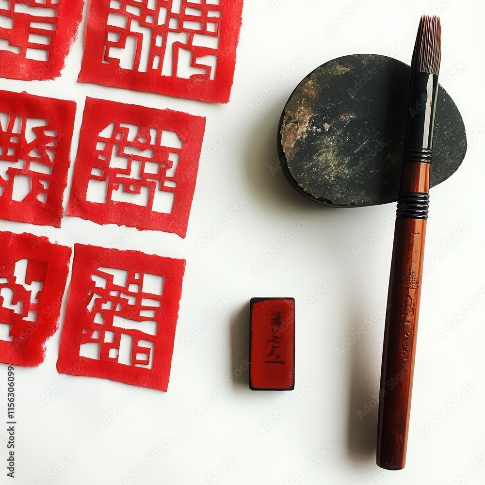 Poster a red square with chinese characters on it sits on a white background