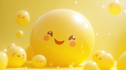 Joyful Yellow Bubbles: A 3D Render of Happy Smiling Spheres in a Sunny Atmosphere