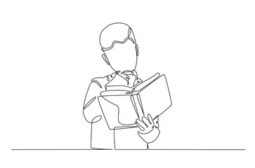 Boy reading a book continuous one line drawing. Person study by reading book in single line art illustration. Editable vector.