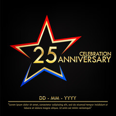 25th years anniversary celebration emblem. elegance golden anniversary logo with red and blue star shape. vector illustration template design for web, leaflet, flyer, greeting card