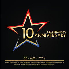 Obraz premium 10th years anniversary celebration emblem. elegance golden anniversary logo with red and blue star shape. vector illustration template design for web, leaflet, flyer, greeting card