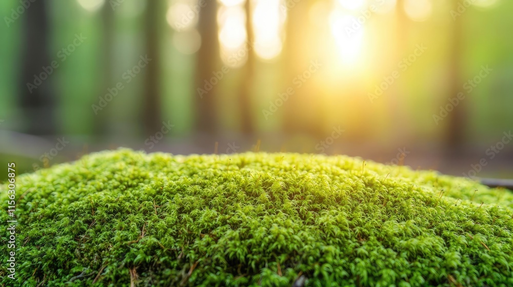 Poster moss forest concept. close-up of vibrant green moss illuminated by soft sunlight in a tranquil fores