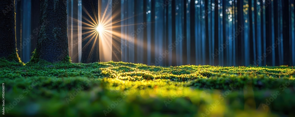 Aufkleber moss forest concept. sunlight filtering through trees creates a serene forest landscape filled with 