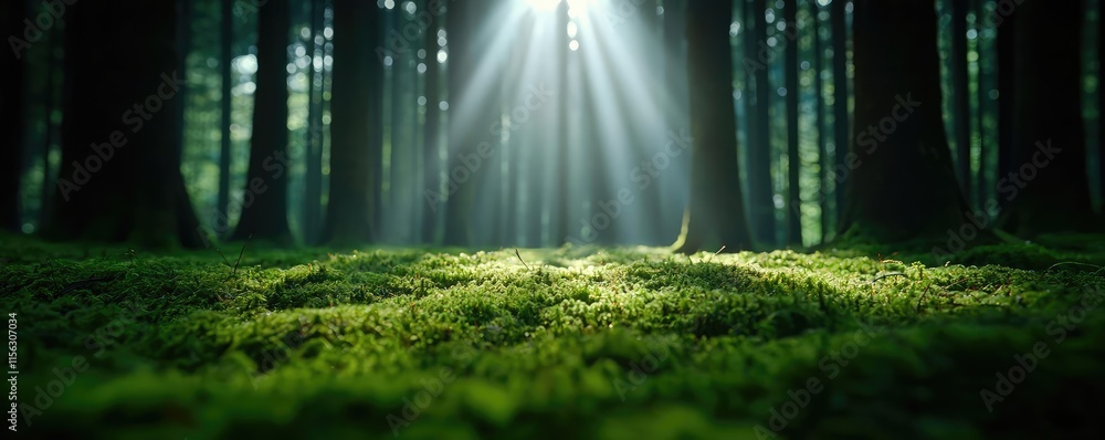 Poster moss forest concept. sunlight filters through a dense forest, illuminating lush green moss on the gr