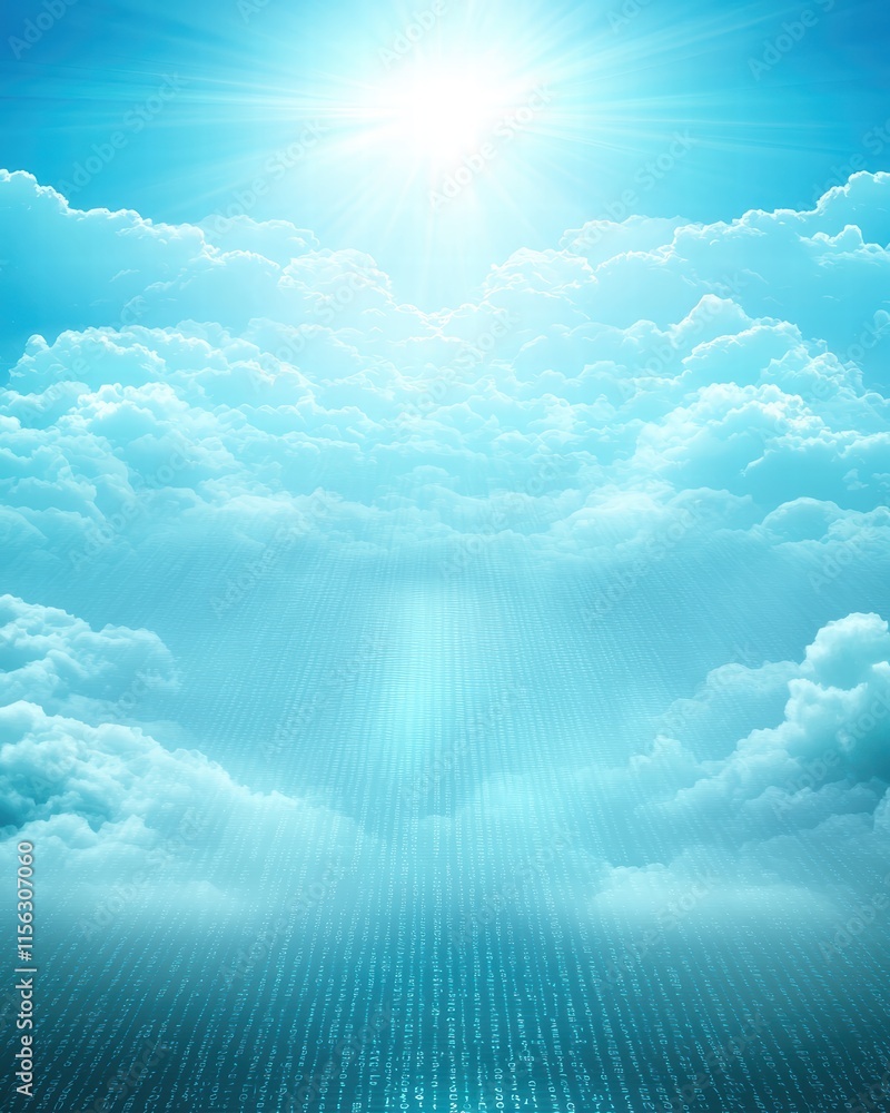 Poster bright sky with light rays and soft clouds in a serene atmosphere