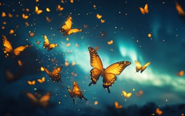 Obraz premium Magical Golden Butterflies in Flight Enchanting Surreal Fantasy Art with Glowing Particles