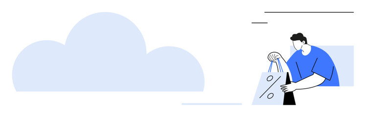 Man carrying multiple shopping bags with discount tags, large cloud shape in the background. Ideal for online shopping, e-commerce, discounts, sales, marketing, promotion cloud services. Line