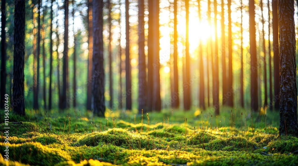 Poster Moss forest concept. Sunlight filters through tall trees in a serene forest providing tranquility and nature.