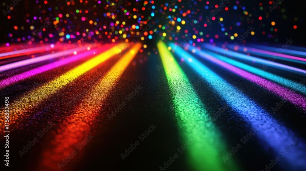 Poster abstract rainbow light beams on textured dark surface with colorful bokeh background - stock photo
