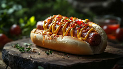 Delicious hot dog with mustard and toppings served on rustic wooden table. 