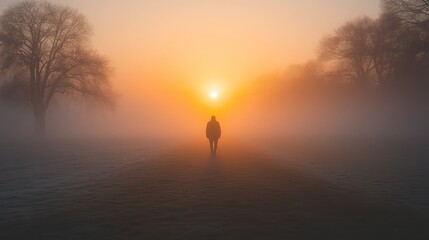 Fototapeta premium A solitary figure walks towards the rising sun in a foggy landscape.