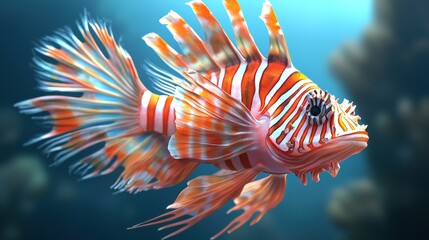 Red and white lionfish swimming in blue water.