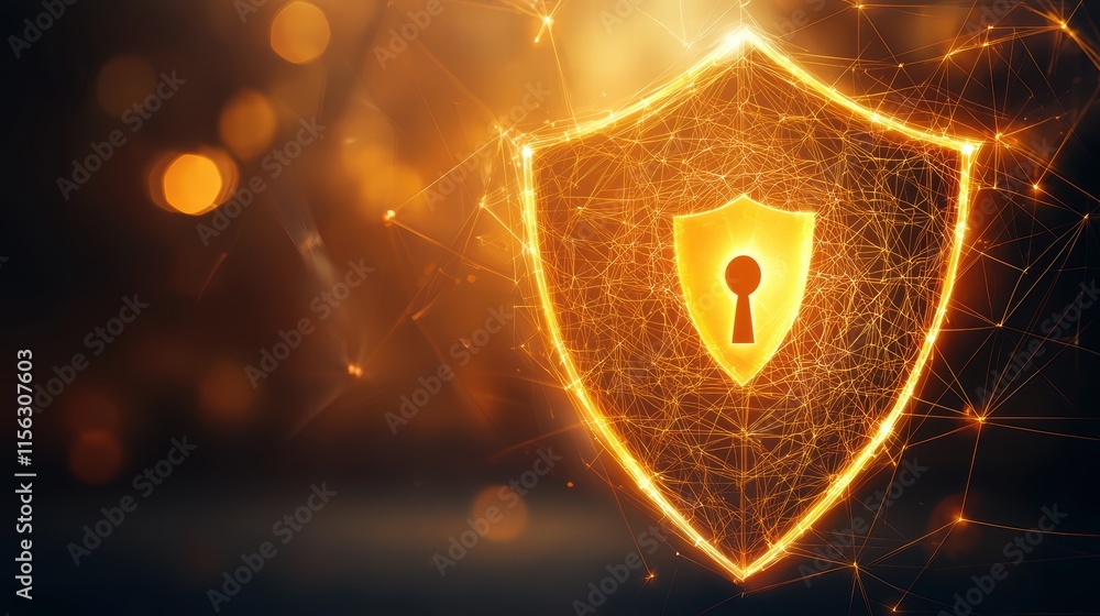 Poster glowing digital shield with keyhole icon symbolizing cybersecurity