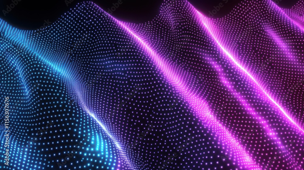 Poster abstract 3d render of neon pink and blue light wave pattern glowing dots background for technology, 