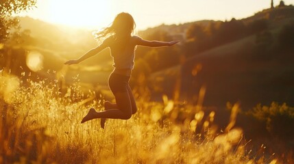 Woman joyfully leaps in sunset meadow.