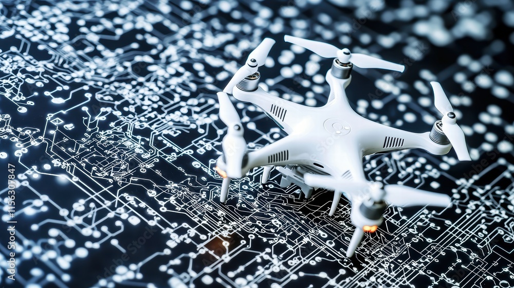 Poster white drone on circuit board background with technology elements
