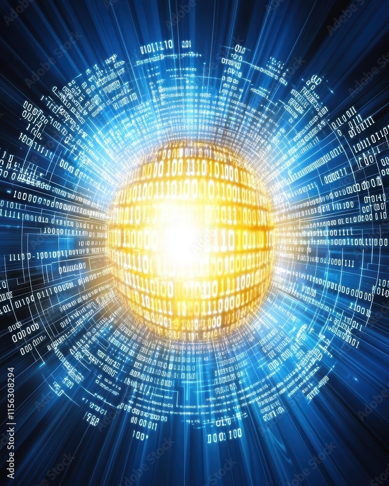 Poster digital sphere with binary code and bright light effects
