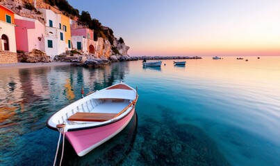Serene coastal scene with a pink boat at sunset.