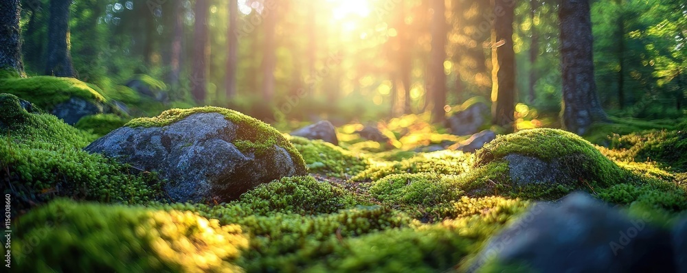Poster Moss forest concept. Sunlight filters through trees, illuminating a serene forest floor covered in moss and rocks.