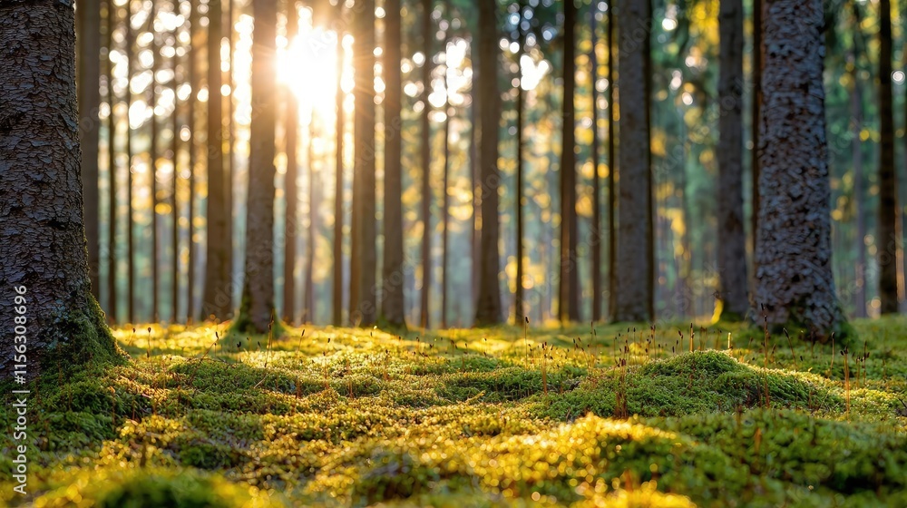 Poster Moss forest concept. Sunlight filters through trees in a serene forest setting with green moss underfoot.